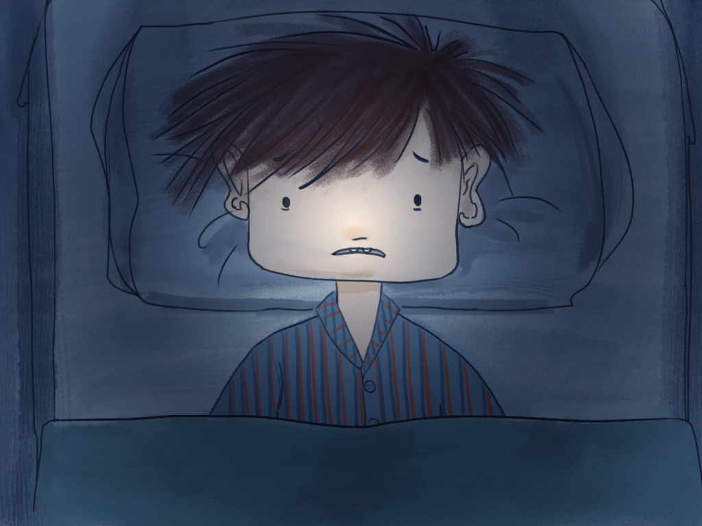 Es de noche y Papelucho está en su pieza, acostado con los ojos abiertos.