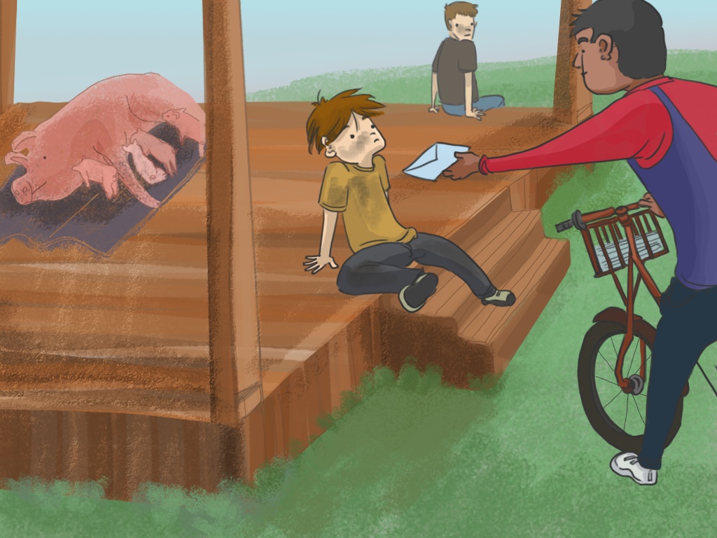 Un cartero entrega una carta a Papelucho, mientras él y su hermano están sentados fuera de la casa de campo