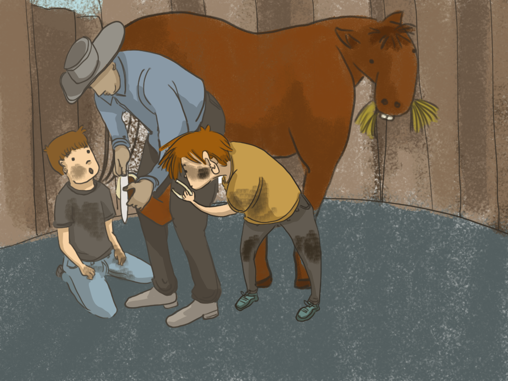 Papelucho y Javier colocan las herraduras a un caballo en el establo del campo