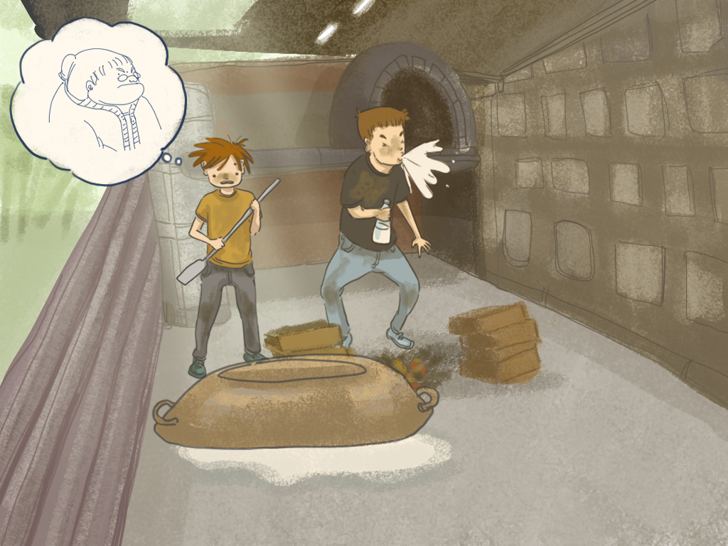 Papelucho y Javier recogen los restos de manjar blanco del suelo del patio.