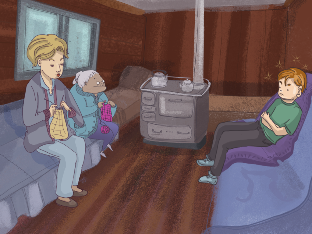 Papelucho, su mamá y la tía Rosarito están sentados en el living de la casa de la tía Rosarito.