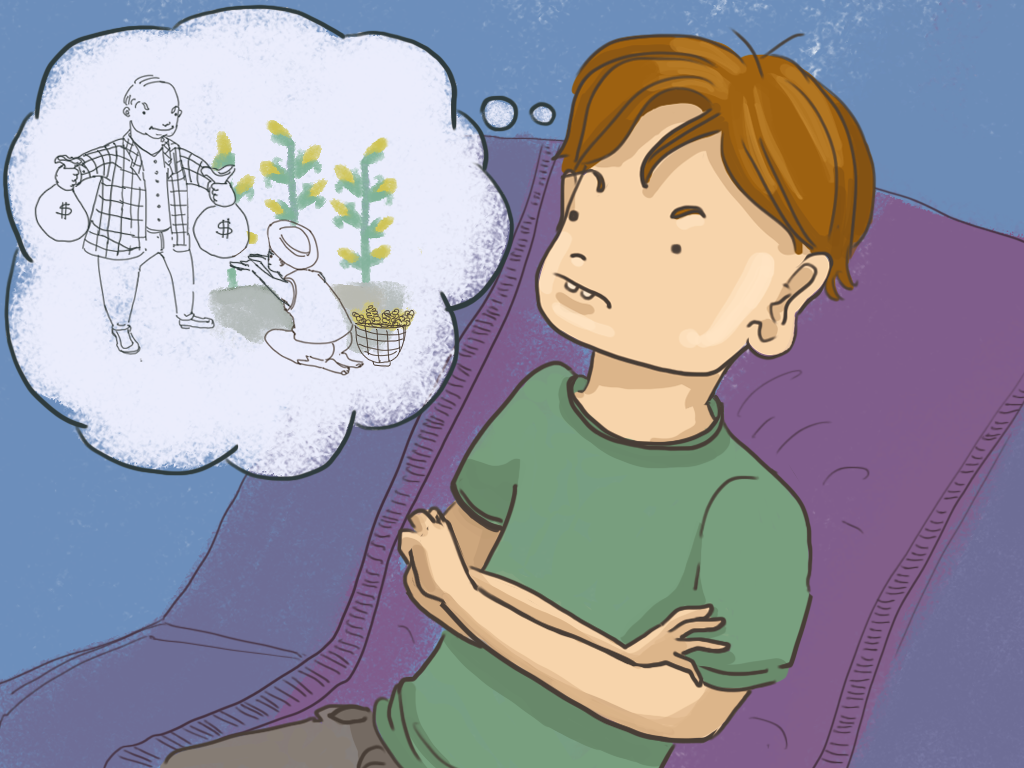 Papelucho está pensando en una persona rica con dinero que le roba a una persona pobre.