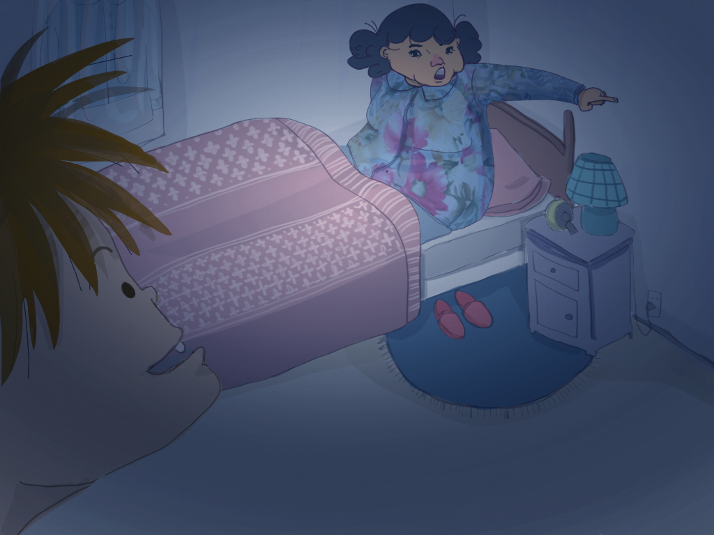 Domitila, sentada sobre su cama, echa a Papelucho