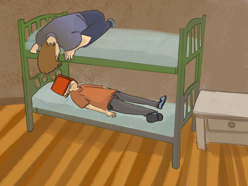 Papelucho y Javier están en un camarote. Javier mira a Papelucho que está acostado con un libro sobre su cara.