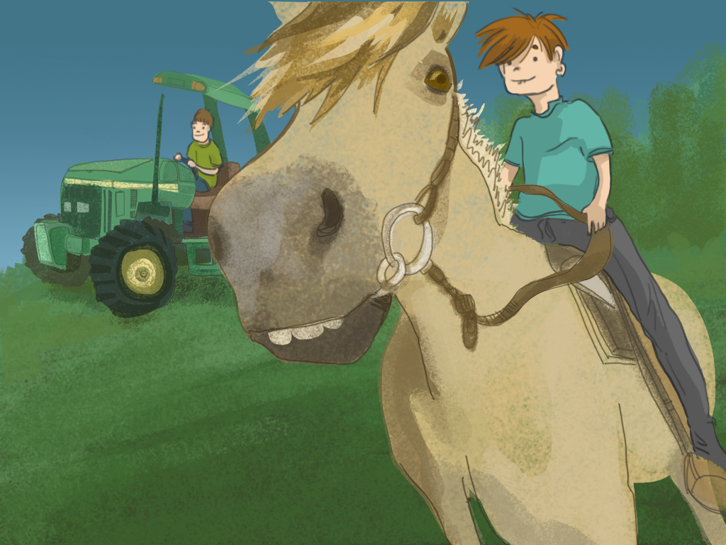 Papelucho está montando un caballo en el campo.