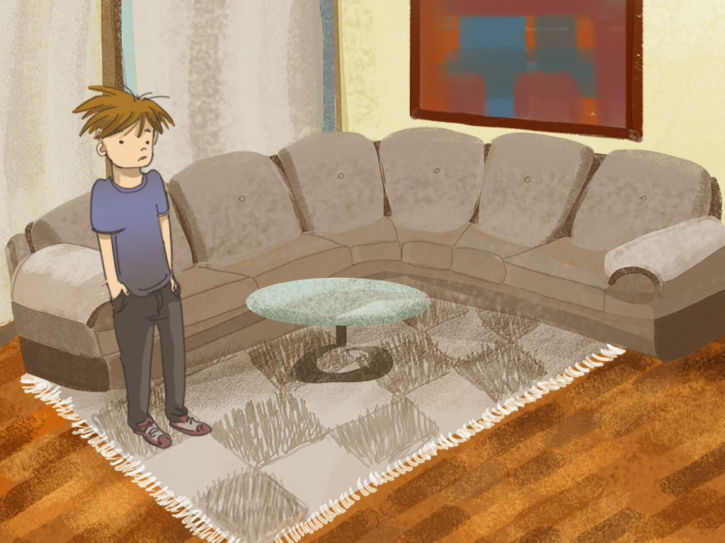 Papelucho está en el living del departamento con las manos en los bolsillos.