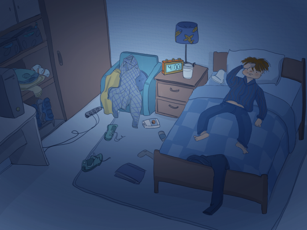 Papelucho está acostado en su cama con una mano sobre su frente