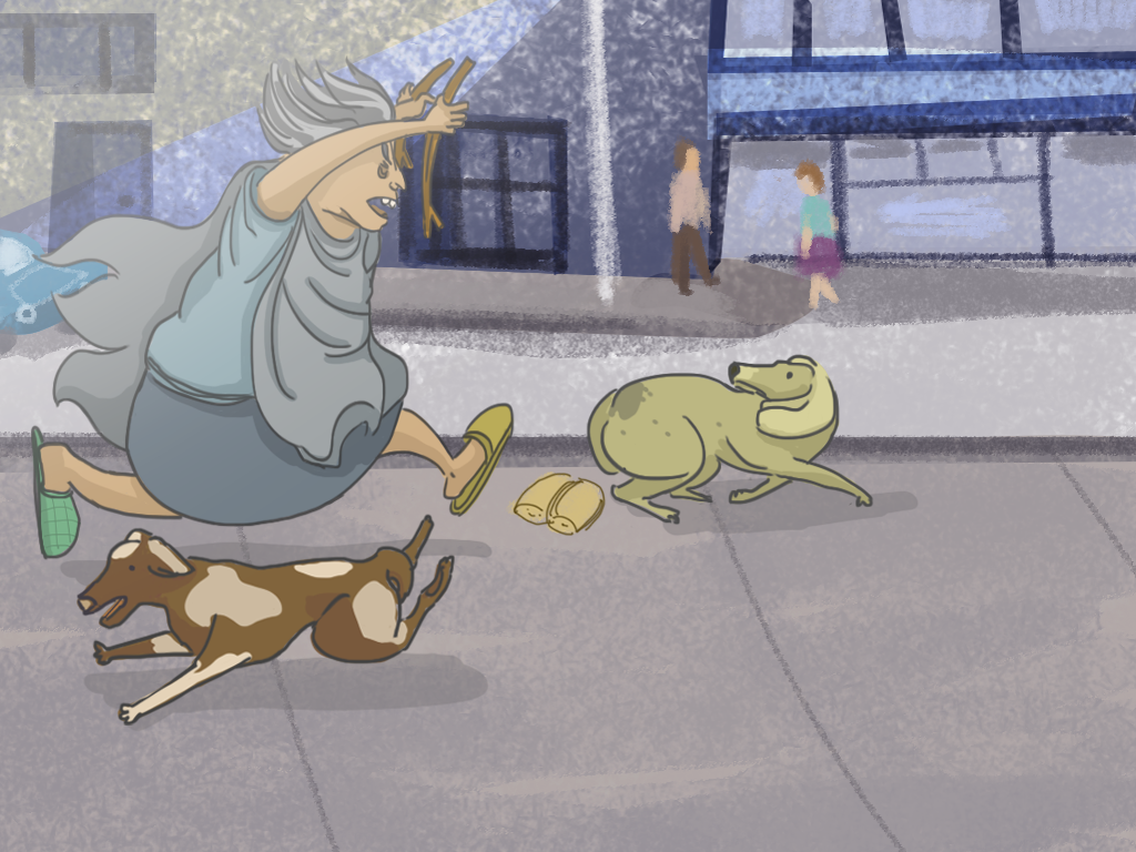 Una señora loca está persiguiendo a unos perros en la calle frente al edificio.