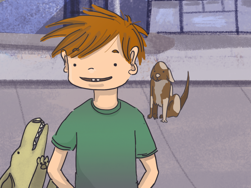 Papelucho sonrié en la calle del edificio frente al departamento. Está acompañado de unos perros.