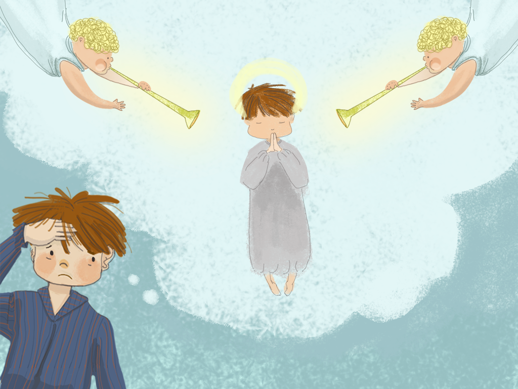 Papelucho se imagina como un santo, con dos ángeles que tocan trompetas a su lado