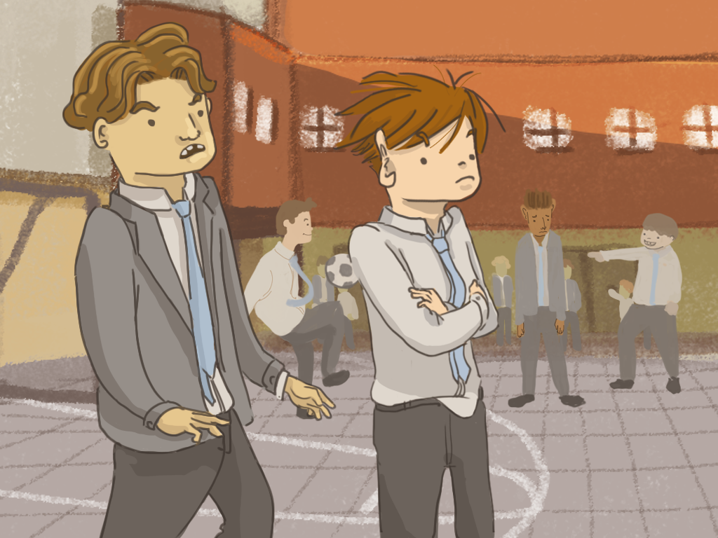 Papelucho le da la espalda a Roberto Ugarte en el patio del internado.