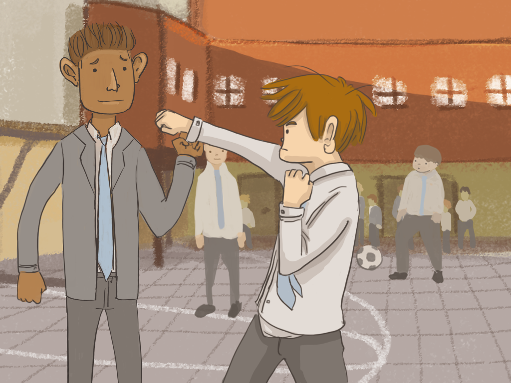 Papelucho golpea al aire frente a Fidel Ríos en el patio del internado.