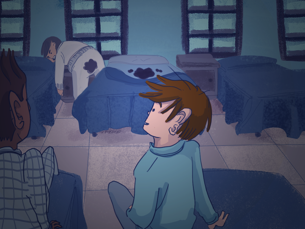 Papelucho está acostado en la cama del dormitorio y ve que un compañero está manchado con chocolate.