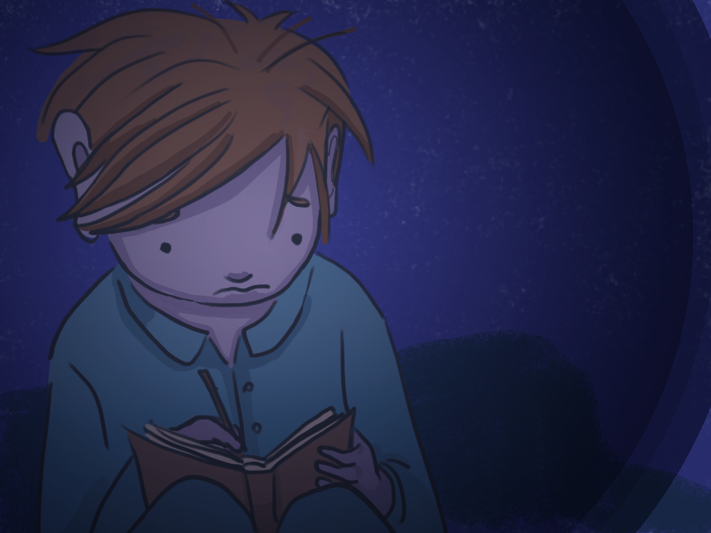 Papelucho está acostado en la cama del dormitorio mientras escribe en su diario.