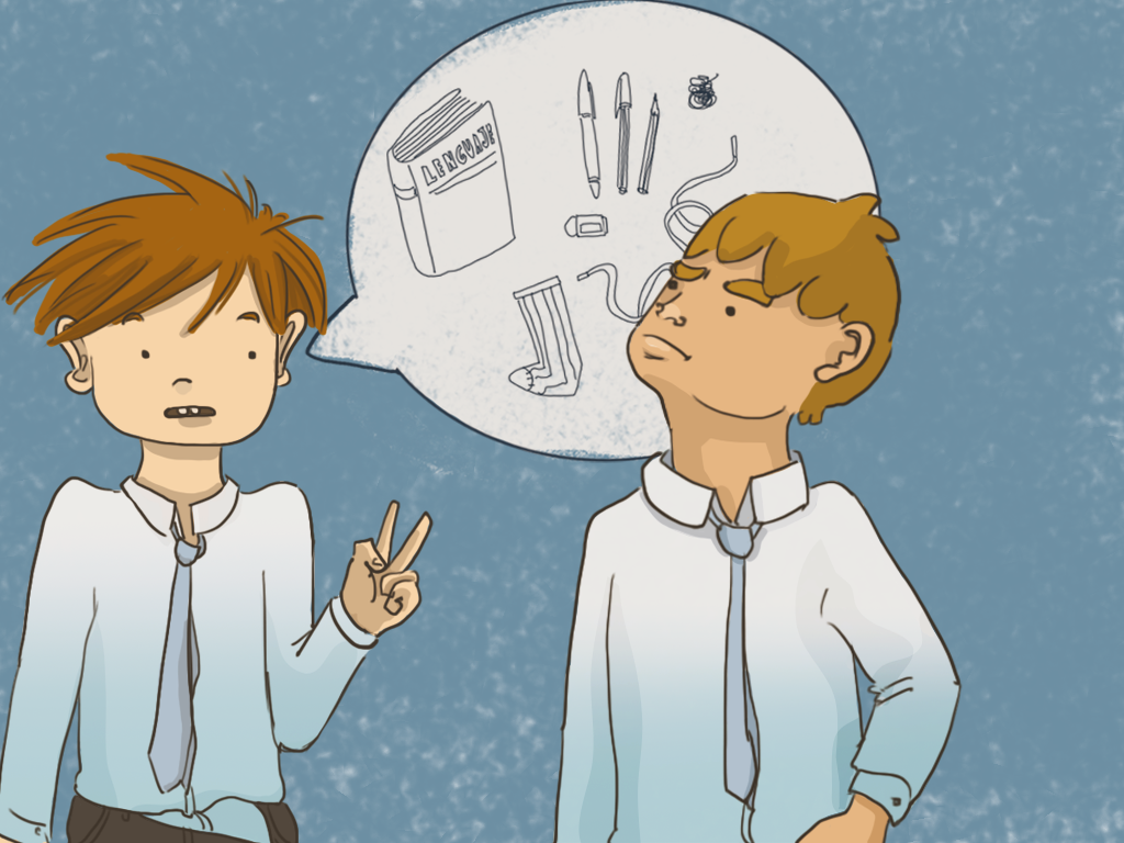 Papelucho le cuenta a Cariola sobre los cuadernos, lápices y calcetines que le han robado.