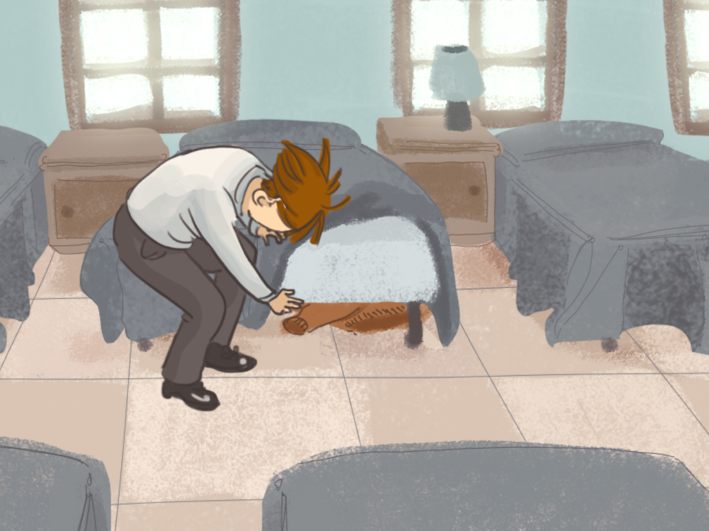 Papelucho esconde su chaleco bajo la cama de una cama en el dormitorio.