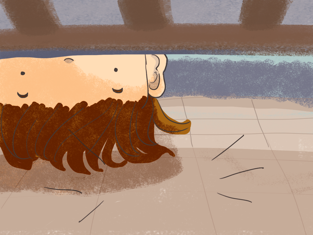 Papelucho mira bajo la cama donde había dejado su chaleco, que ahora no está.