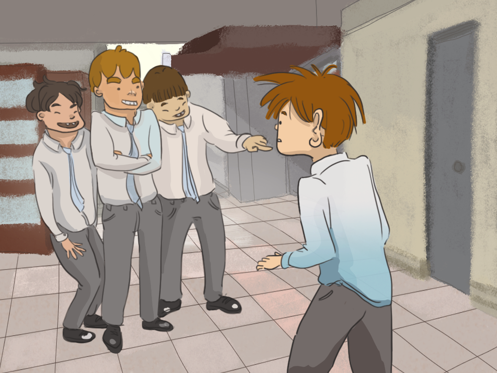 Cariola y dos compañeros se ríen de Papelucho en el pasillo del internado.