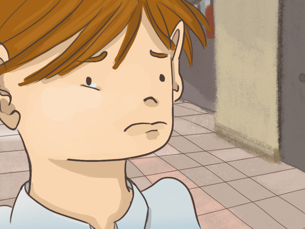 Papelucho está a punto de llorar en el pasillo del internado.