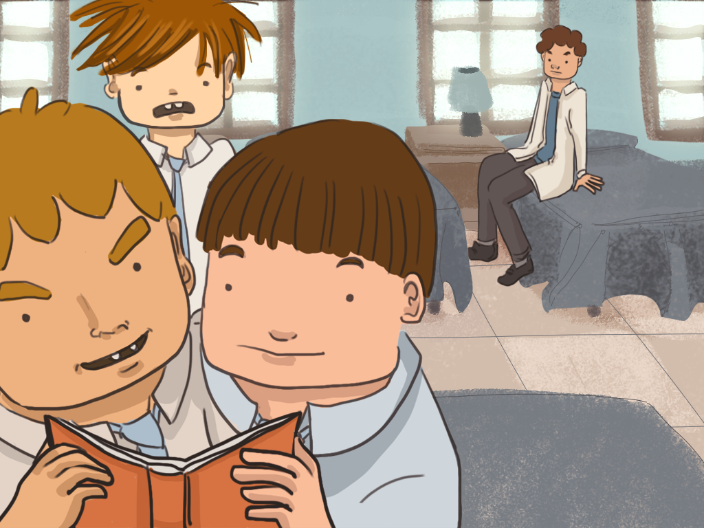 Papelucho está mirando dos compañeros que están leyendo su diario en el dormitorio del internado.