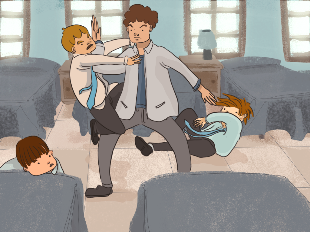 El mocho separa a Papelucho y Cariola que están peleando en el dormitorio.