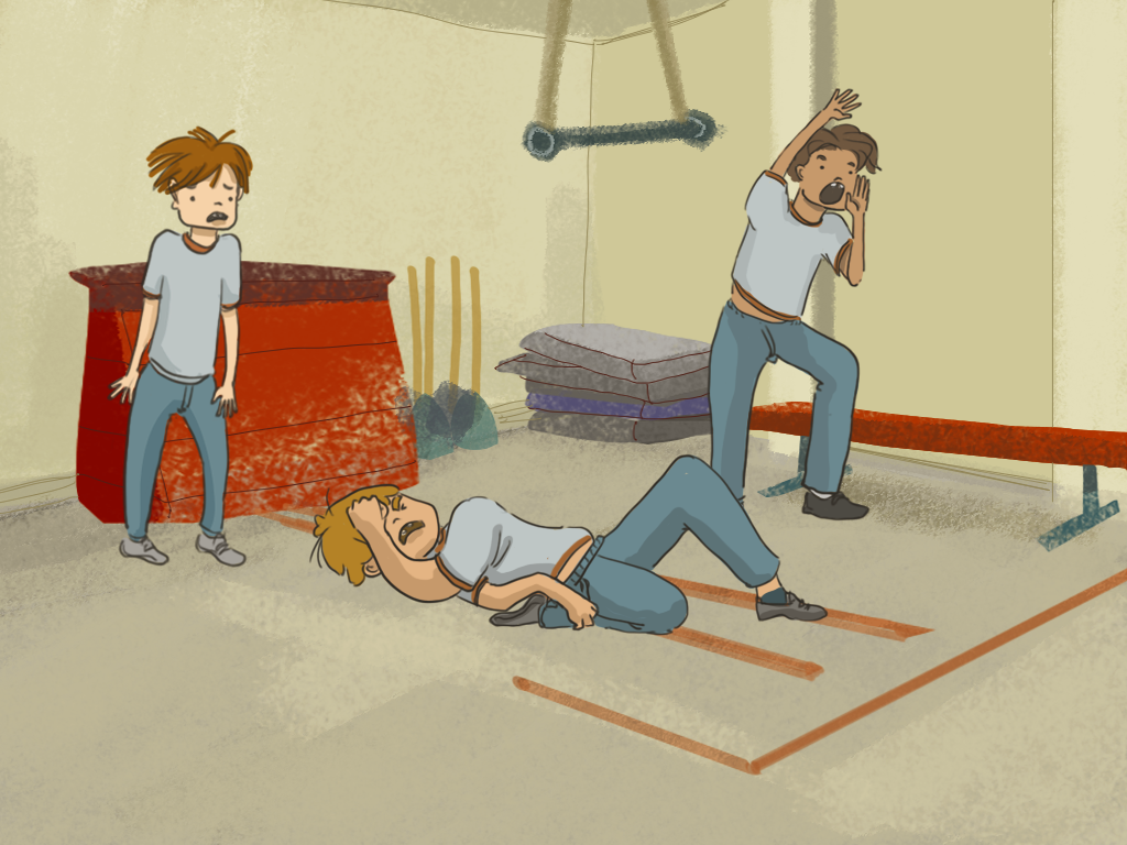 Papelucho mira a Cariola que está tirado en el piso del gimnasio.