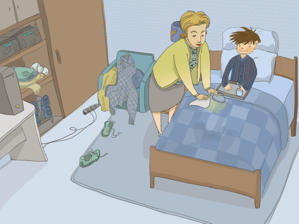 La mamá de Papelucho limpia el cobertor de la cama de Papelucho, miestras Papelucho está acostado tomando desayuno.