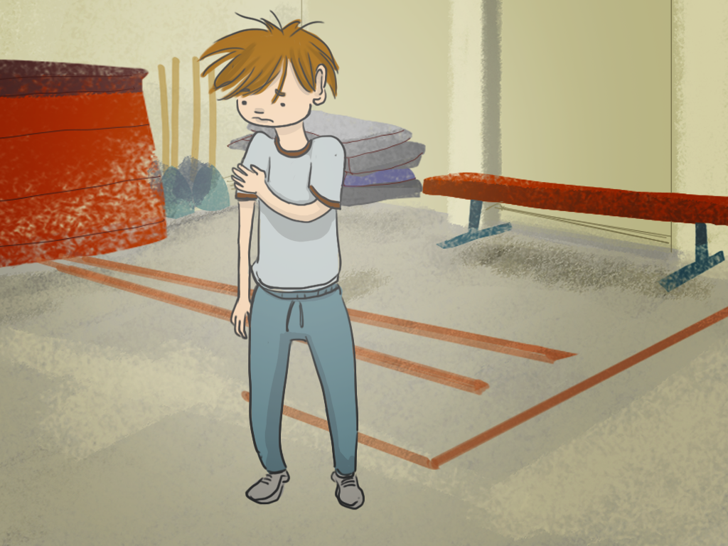 Papelucho se toca su brazo dentro del gimnasio del internado.