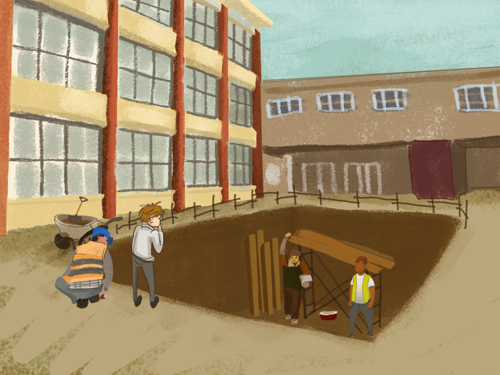 Papelucho está mirando un gran agujero de construcción en el patio del internado.