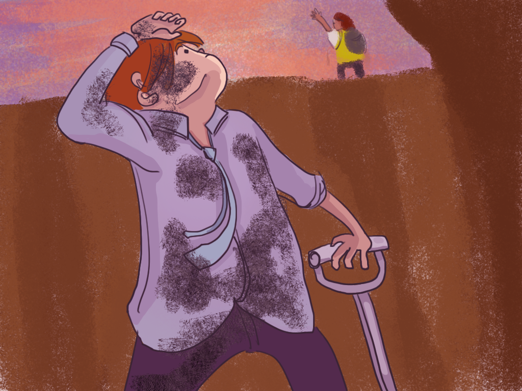 Papelucho está dentro del agujero de construcción sujetando una pala mientras se limpia el sudor de la frente.