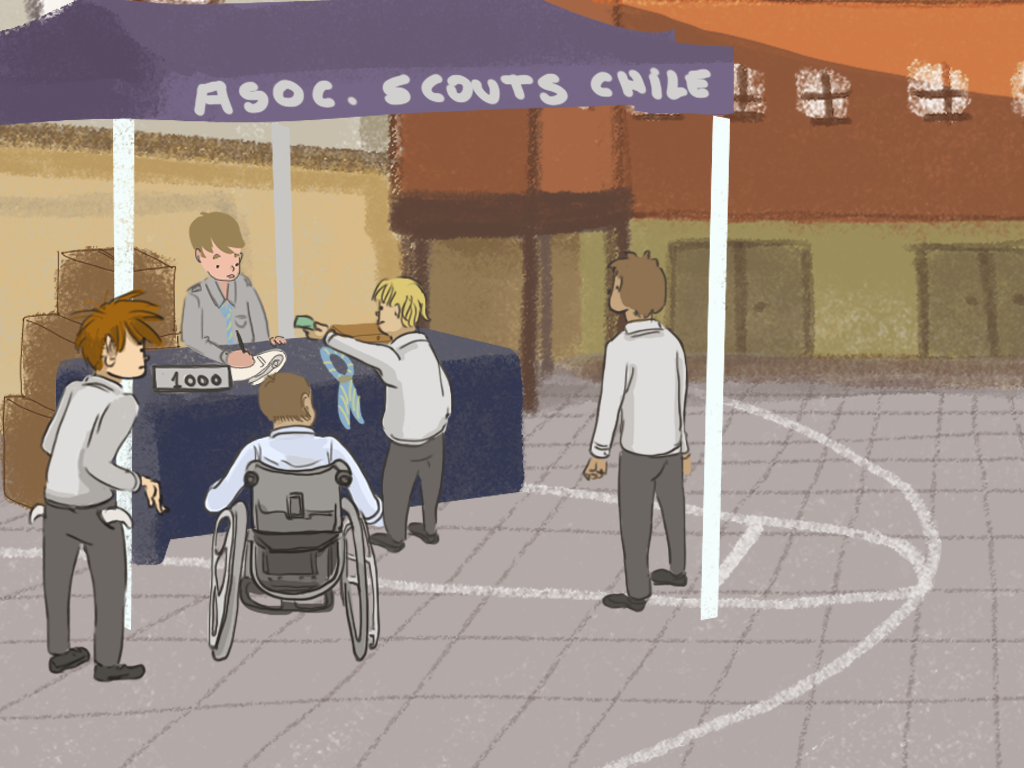 Papelucho mira una carpa en el patio del internado donde hay personas que se inscriben para ser scout.