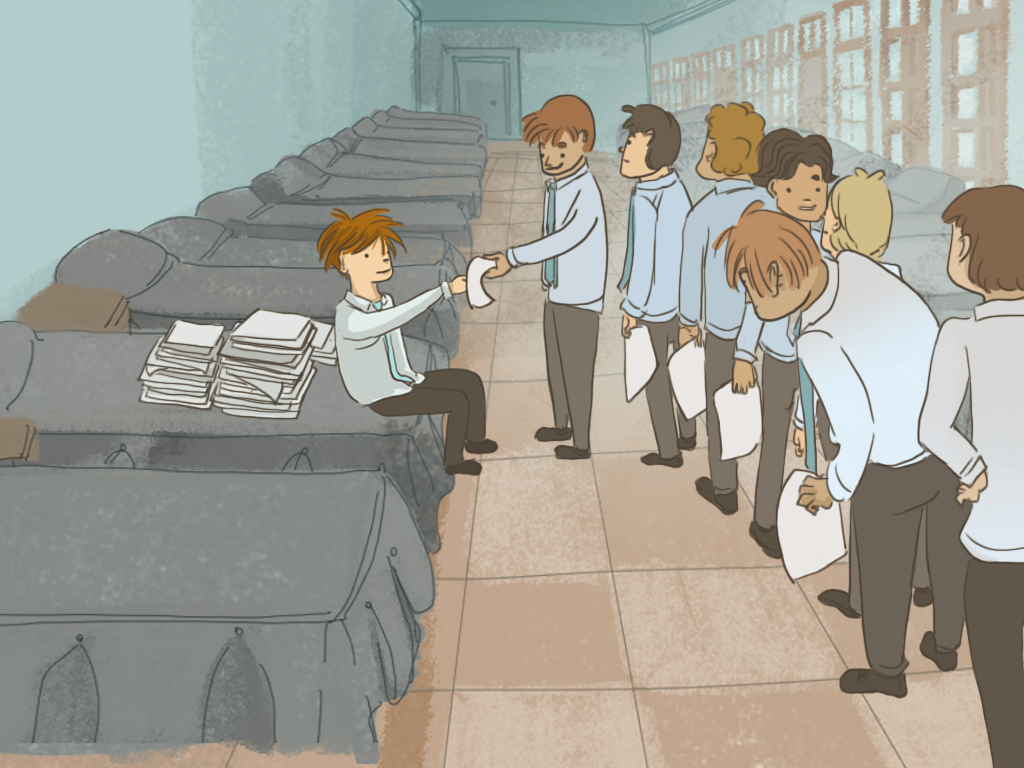 Papelucho está sentado a los pies de su cama en el dormitorio mientras le entrega las tareas a una fila de compañeros.