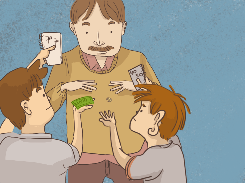 El papá de Papelucho le está dando dinero a Papelucho y a Javier.