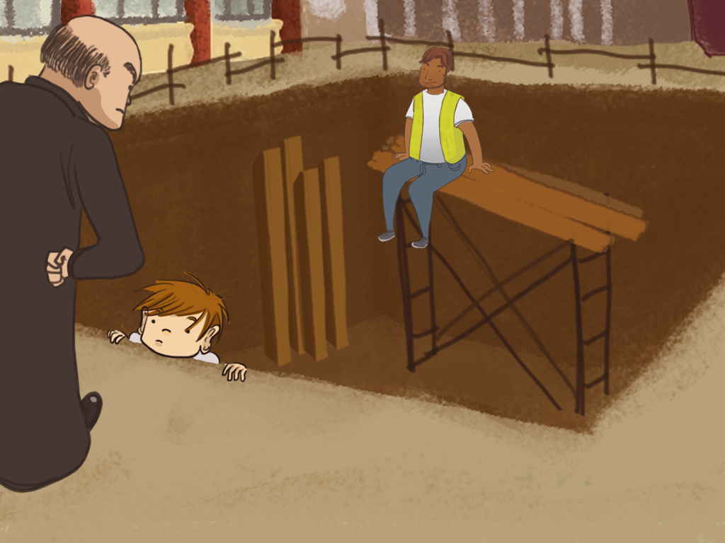 Papelucho está dentro del agujero de construcción del patio del internado mientras el Padre Carlos lo mira con las manos en las caderas.