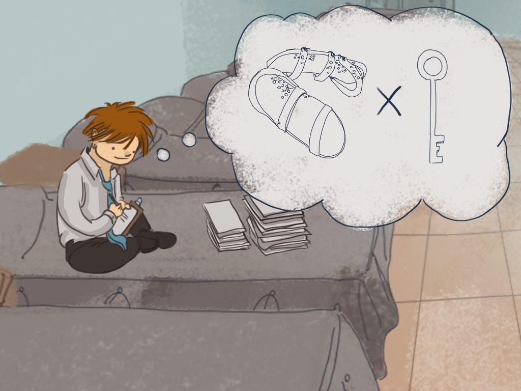 Papelucho esta sentado en su cama en el dormitorio mientras piensa en sandalias y una llave.