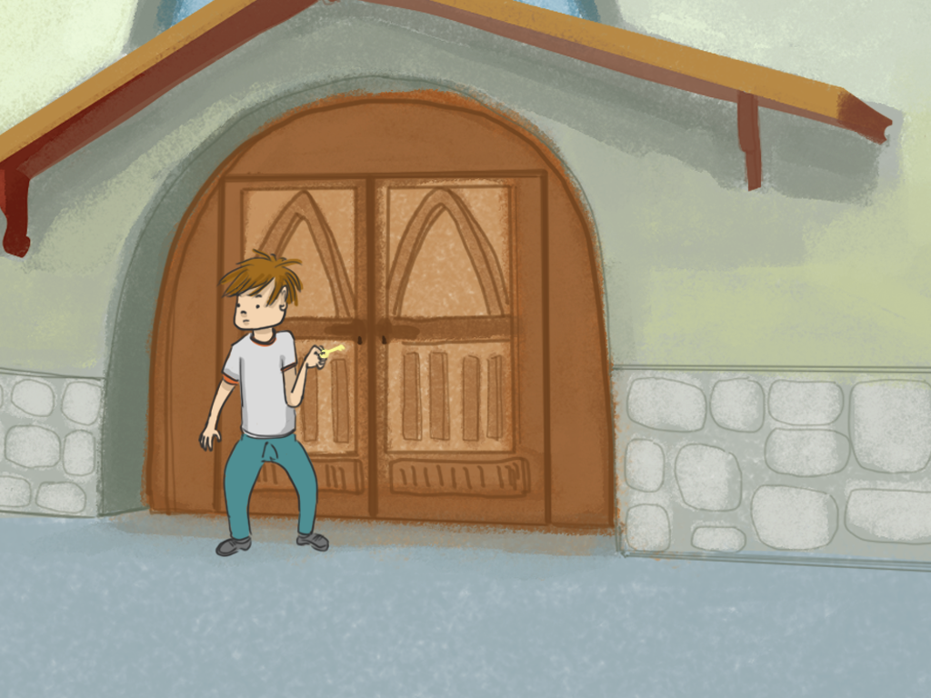 Papelucho parado frente a la puerta de la capilla del internado.