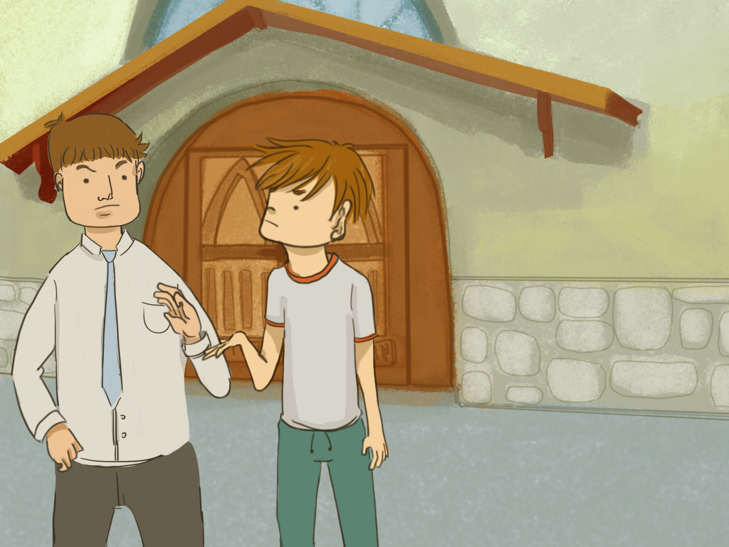 Papelucho está junto a Gómez frente a la entrada de la capilla del internado.