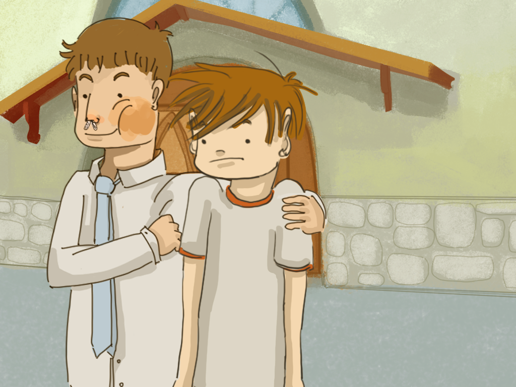 Gömez abraza a Papelucho frente a la capilla.