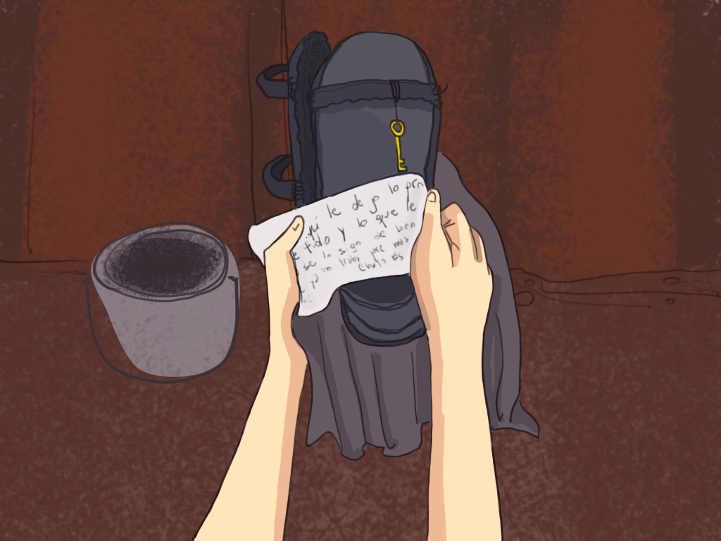 Papelucho lee una nota del Chato Espiñeira dentro del agujero de construcción.