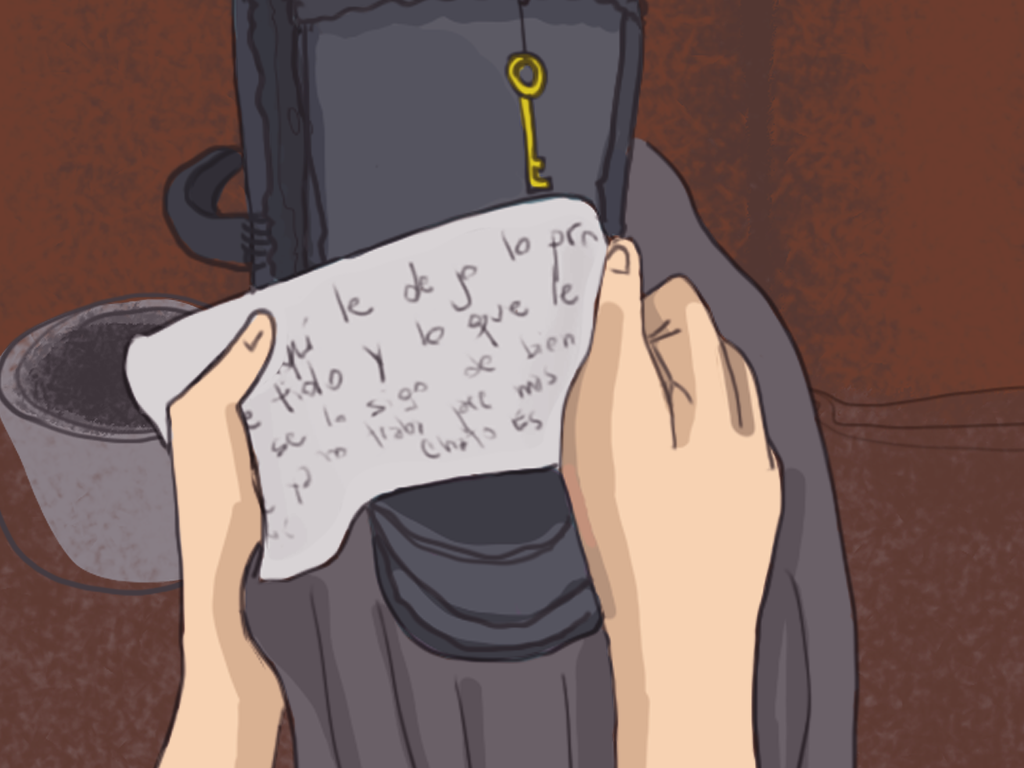 Papelucho lee una nota del Chato Espiñeira dentro del agujero de construcción.