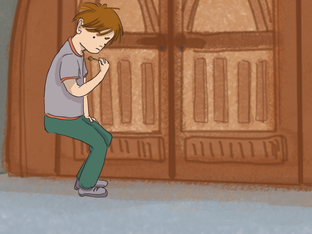 Papelucho lee una nota del Chato Espiñeira dentro del agujero de construcción.