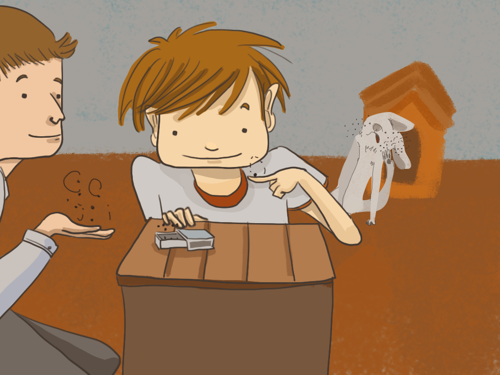 Papelucho sostiene una pulga en su dedo índice junto a Gómez en el patio del colegio. Detrás se ve un perro pulgoso.