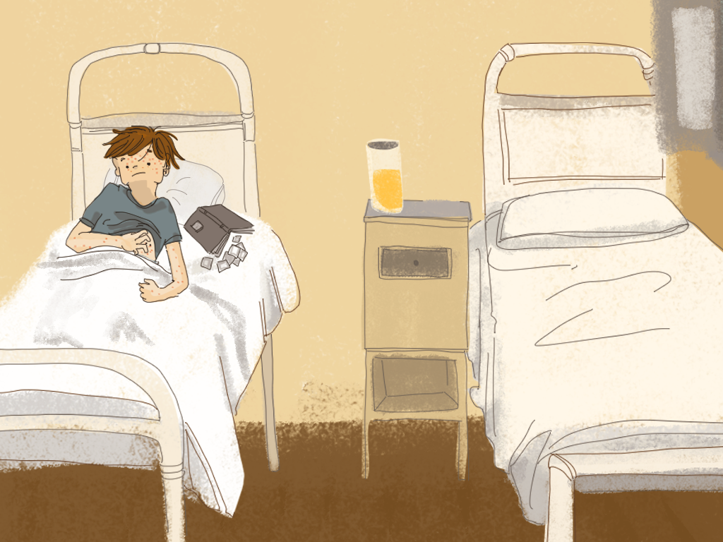 Papelucho está acostado en la cama de la enfermería.