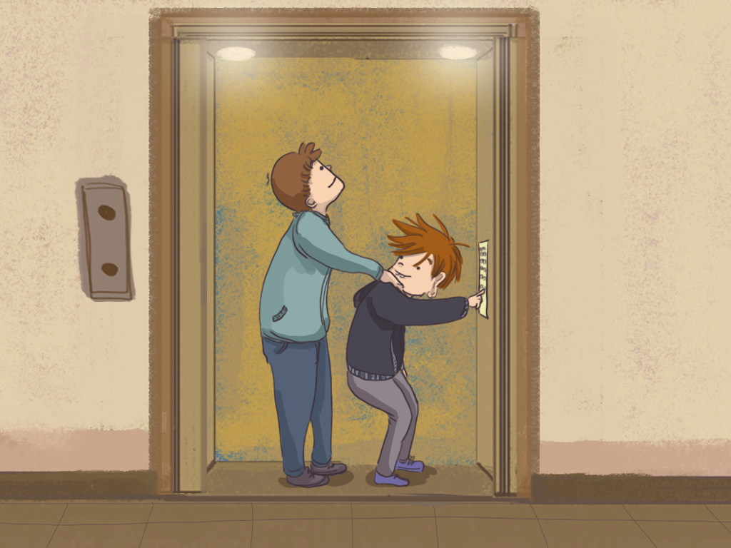 Papelucho y Javier están dentro del ascensor del edificio.