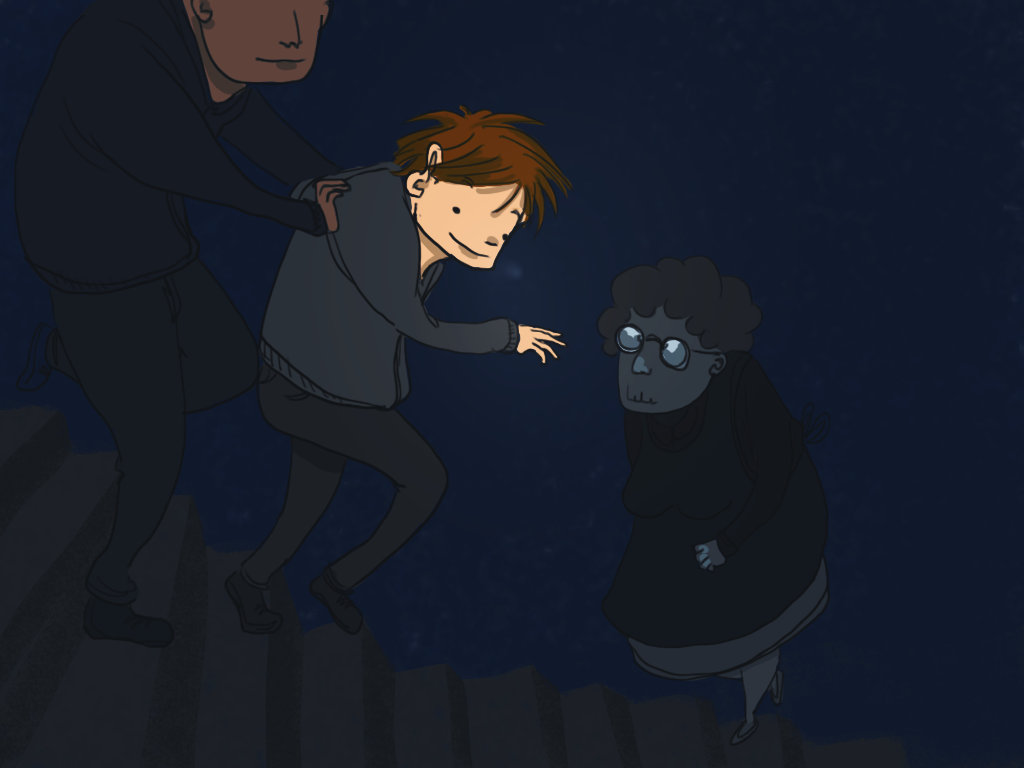 Papelucho y Javier bajan las escaleras del departamento mientras chocan con las personas que van subiendo.