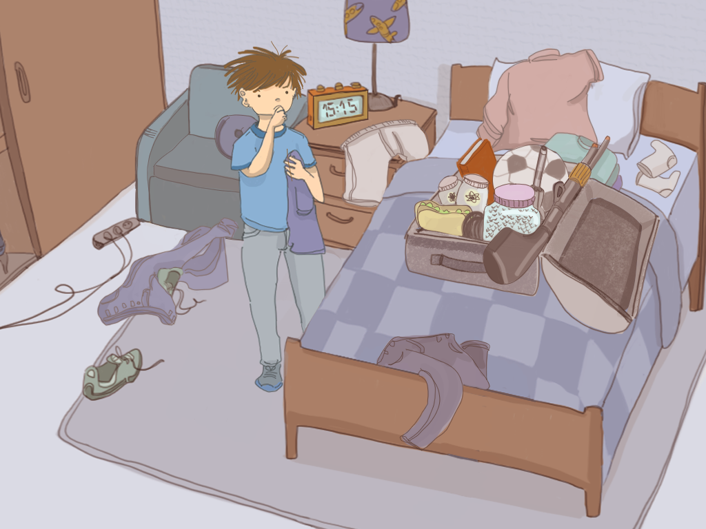 Papelucho ordena su maleta llena de juguetes