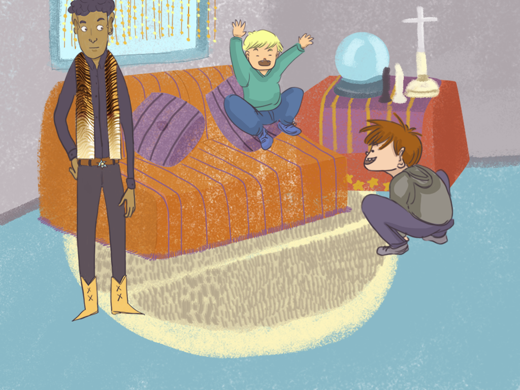 Papelucho y Rudi están en el living del departamento del hipnotizador. Rudi está saltando sobre el sillón.