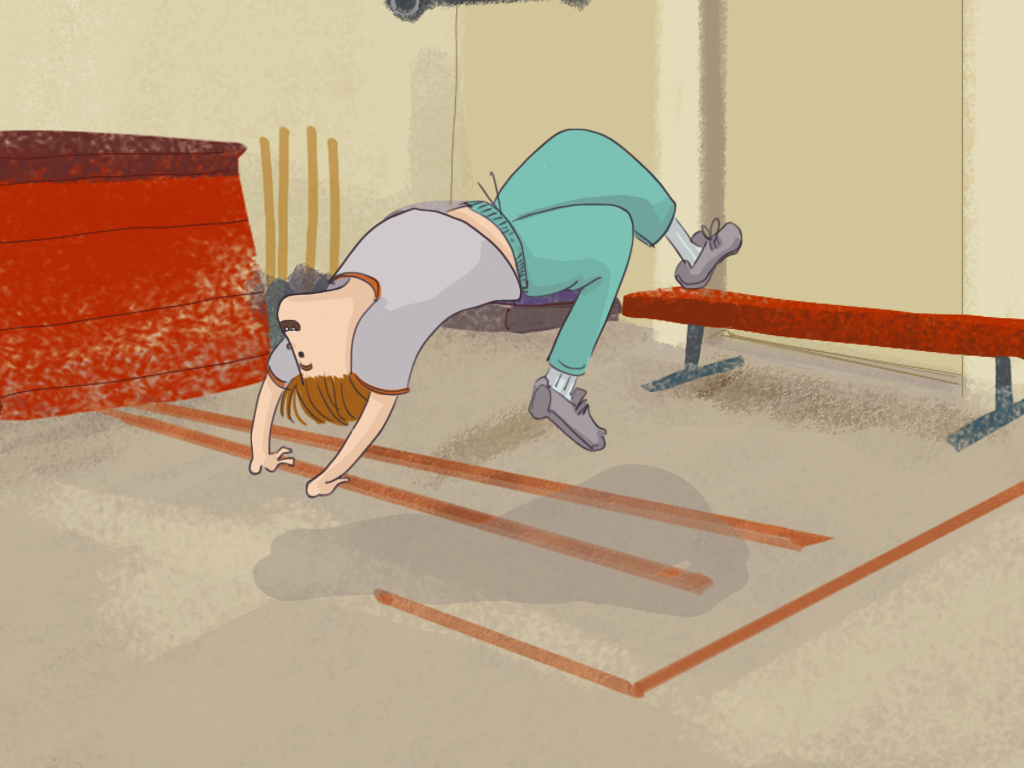 Papelucho está haciendo un salto mortal en el gimnasio del internado.