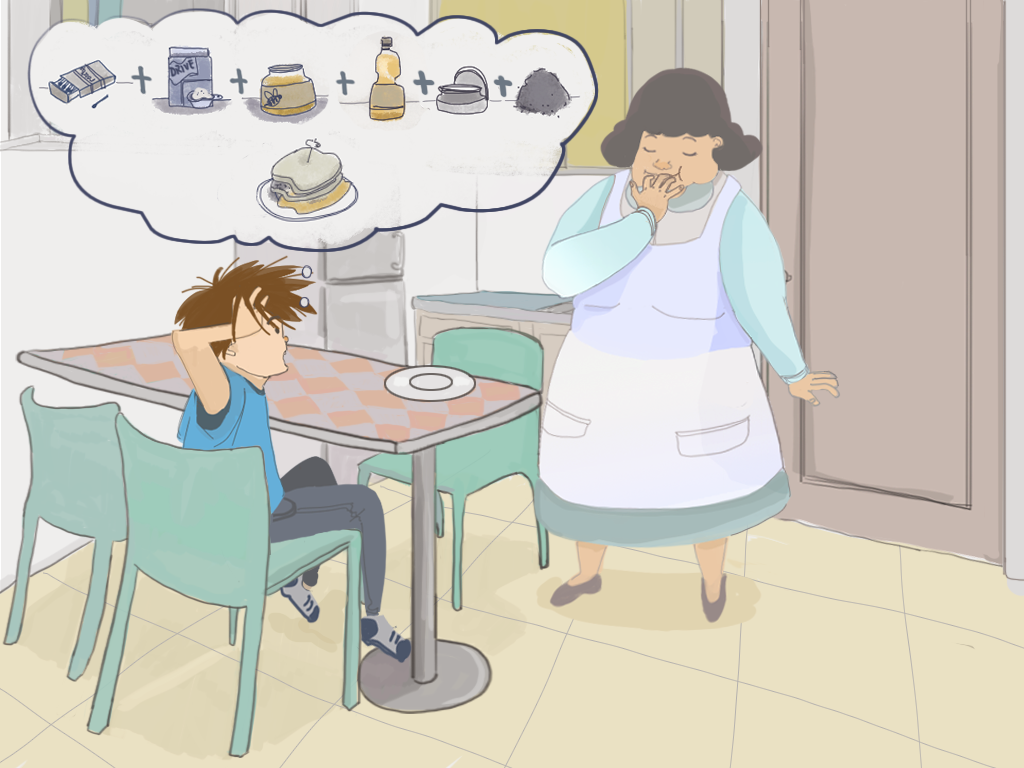 En la cocina de la casa, Domitila sonríe con su mano en la boca. Papelucho está asustado al recordar los ingredientes de su sandwich.