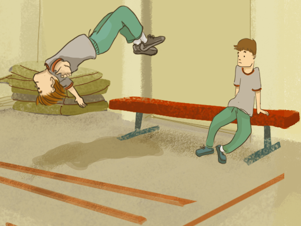 Papelucho está haciendo un salto mortal en el gimnasio del internado junto a Javier.